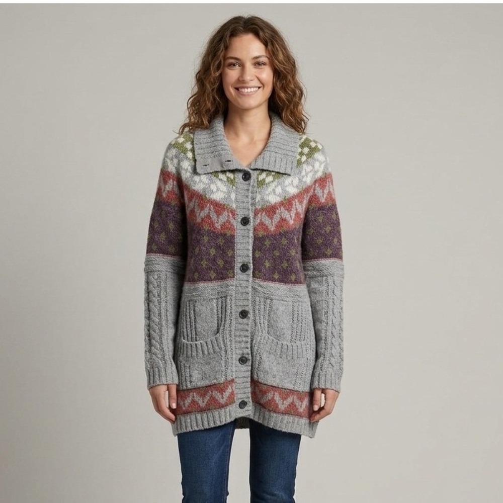 Royal Robbins Womens L Gray Fair Isle Wool Blend Button Front Cardigan Sweater